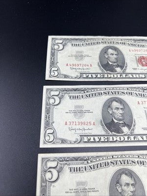 Lot of 5 1963 $5 USN United States Notes Five Dollar Bills Red Seal VF Very Fine