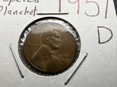 1957 D 1c Lincoln Wheat Cent Coin Tapered PLANCHET Error VF