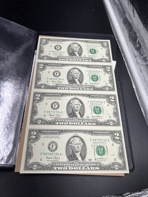 4 Note Souvenir Sheet 2003 US $2 Two Dollar FRN Federal Reserve Notes in Book #B