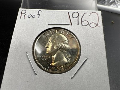 1962 25c Washington 90% Silver Choice Proof Quarter Coin Neat Toning Toner