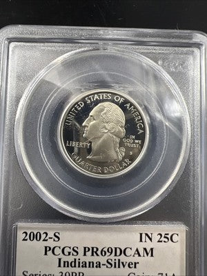2002 S Proof Silver Indiana Statehood Quarter Coin PCGS PR69 DCAM #338