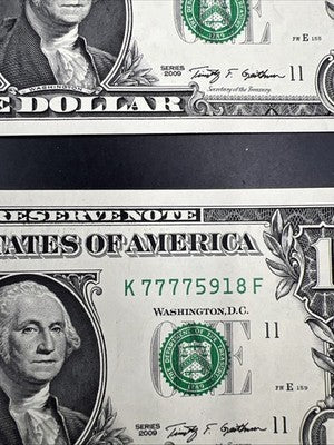 9 Consecutive 7777 Lucky Repeat 2009 $1 FRN Notes Choice UNC