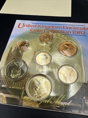 1982 United Kingdom Uncirculated Mint 7 coin Set Used Packaging