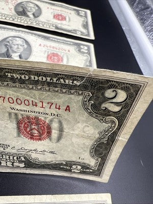 Lot of 4 1963 1953 $2 USN Red Seal Notes Average Circ Red Seal Bills #687