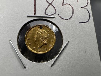 1853 Liberty Head Type I Gold Dollar $1 AU Details Holed