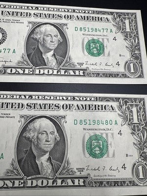 Lot Of 2 1988 A $1 FRN Same Block Federal Reserve Notes CH UNC #480