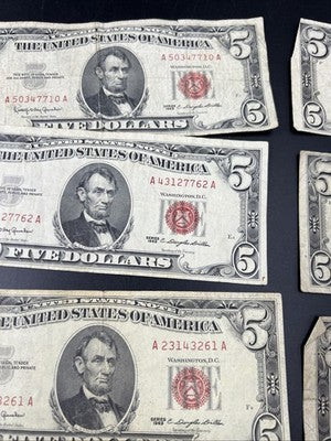 $5 Bill collector's Lot 10 US Bills - 5 USN Red Seals & 5 Silver Certificates