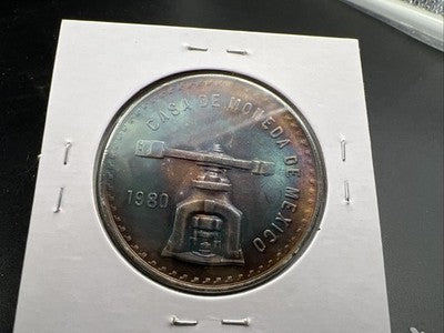 1980 Mexico Onza 1 Oz Silver Coin Monster Toning Toner PQ Blue Gem BU
