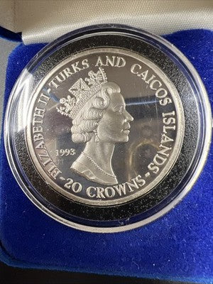 1993 Apollo 11 Anniversary Turks & Caicos 20 Crowns Coin 1 OZ .999 Silver in box