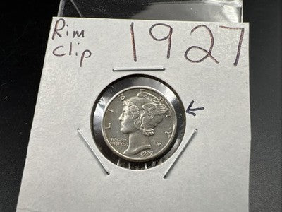 1927 P 10c Mercury Silver Dime Coin Clipped Planchet Error XF EF Extra Fine