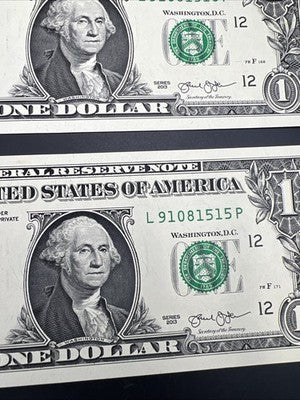 2 Consecutive 2013 $1 FRN Federal Reserve Notes CH UNC #515