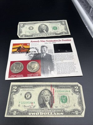 1976 Collector's Lot P D Kennedy Half 50c Set & 2x $2 FRN Two Dollar Bills Circ