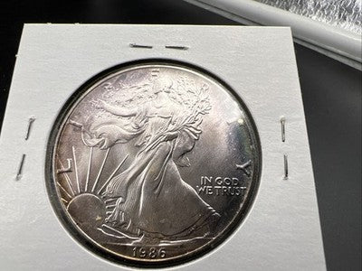 1986 1 Oz ASE American Silver Eagle Coin Gem BU UNC PQ Blue Toning Toner REV
