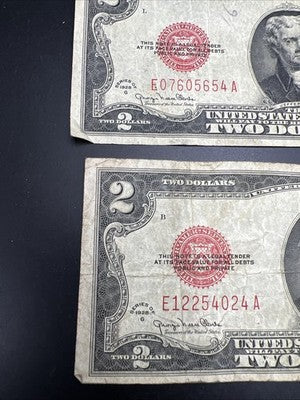Lot of 5 1928 G $2 USN United States Note Red Seal Bills G / VG Circ #024