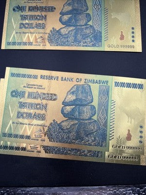 Lot Of 100 Zimbabwe 100 Trillion Dollars Gold Foil Novelty Notes