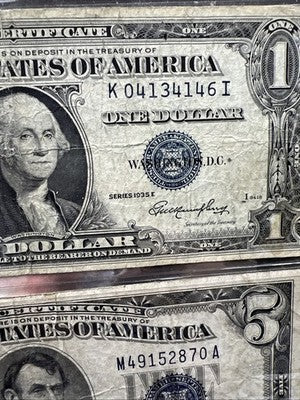 Silver Certificate Collector's Lot 1935 $1 1934 $5 US Circ Notes in Used Folder