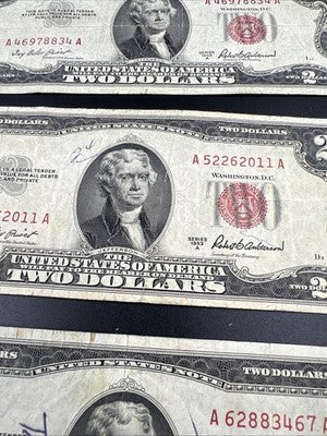 Lot of 6 1953 $2 USN Red Seal Legal Tender Bills Very Circulated #467