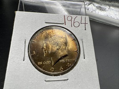 1964 50c Kennedy Silver Half Dollar Coin PQ Amber Toning Obverse CH BU SK#a