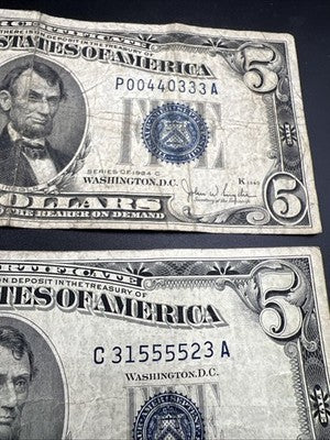 2 Note Lot 1934 1953 $5 Five Dollar Silver Certificate Fancy Serial #s G / VG
