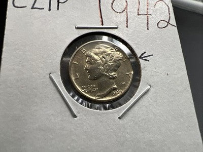 1942 P 10c Mercury Dime Coin Clipped Planchet Error AU