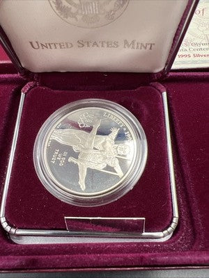 1995 Atlanta Olympics Gymnast Proof Silver Dollar Coin OGP Some Toning
