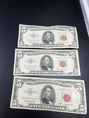 Lot of 3 1963 $5 USN United States Notes Red Seal Bills Fine / VF Circ #632