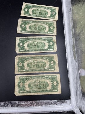 Lot of 5 1928 $2 USN United States Note Red Seal Bills G / VG Circ #39