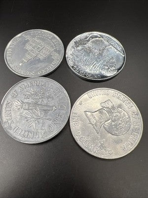Lot of 4 Used Large 3 Inch Novelty Pewter Coin/Coaster/Paperweight Kennedy Ike +