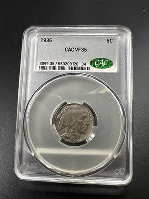 1936 P 5c Buffalo Nickel Coin CAC VF35 Choice Very Fine Circulated Certified