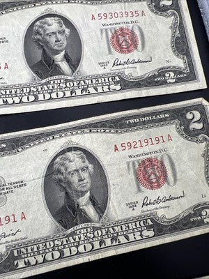 Lot of 10 1953 $2 USN Red Seal Legal Tender Bills VG Very Good + Circ #557