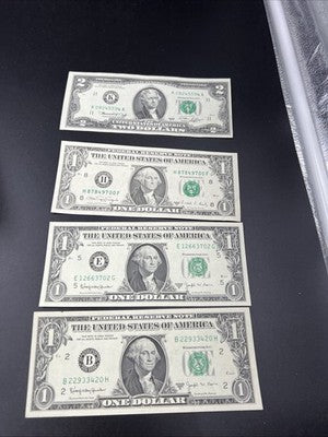 FRN Collector's Lot 3x 1963 B Barr $1 VF & 1976 $2 Bicentennial Two Dollar Bill