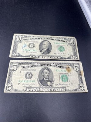 FRN Collector's Lot 1950 B $5 & 1950 D $10 Federal Reserve Note Bills Very Circ