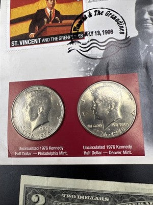 1976 Collector's Lot P D Kennedy Half 50c Set & 2x $2 FRN Two Dollar Bills Circ