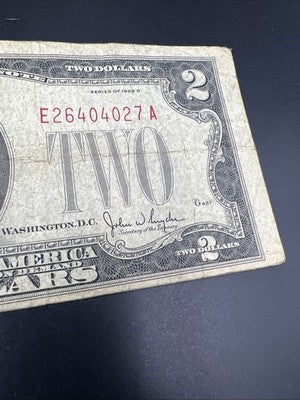 1928 G $2 Two Dollar Legal Tender United States Red Seal Note Very Circ #027