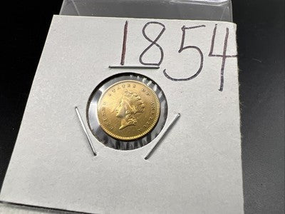 1854 G $1 Gold One Dollar Type 2 Indian Princess Head VF Details Rim Damage