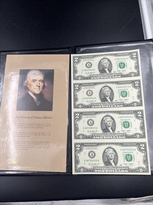 4 Note Souvenir Sheet 2009 US $2 Two Dollar FRN Federal Reserve Notes in Booklet