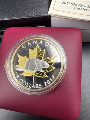 2017 $25 Piedfort Timeless Icons Beaver & Maple Leaf 1 Oz Silver Coin w/ Box COA