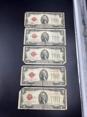 Lot of 5 1928 $2 Two Dollar USN United States Notes Red Seal Very Circulated #25