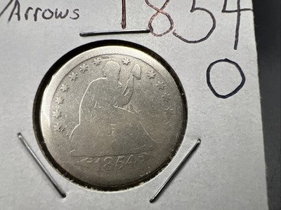 1854 O 25c Liberty Seated Quarter Coin AG / G Details Cleaned