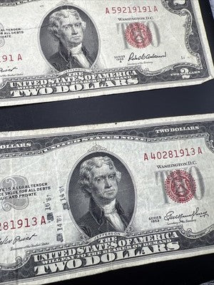 Lot of 10 1953 $2 USN Red Seal Legal Tender Bills VG Very Good + Circ #557