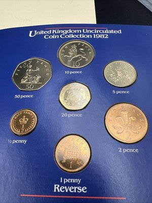 1982 United Kingdom Uncirculated Mint 7 coin Set Used Packaging