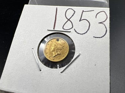 1853 Liberty Head Type I Gold Dollar $1 AU Details Holed