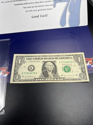 2017 $1 FRN Federal Reserve Note Lucky Serial Number 77718678 Very Circ