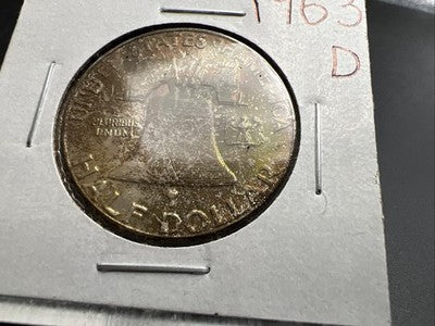 1963 D Franklin Half Dollar Silver Coin Choice BU UNC Neat Toning Reverse #B