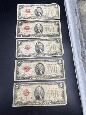 Lot of 5 1928 $2 USN United States Note Red Seal Bills G / VG Circ #39
