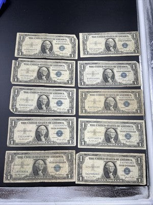 Lot of 10 VERY CIRC 1957 1935 $1 Dollar Silver Certificate Blue Seal Notes #90