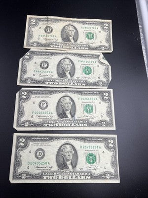 Lot of 4 Very Circ 1976 $2 FRN Federal Reserve Notes Neat Serial #s #44414499