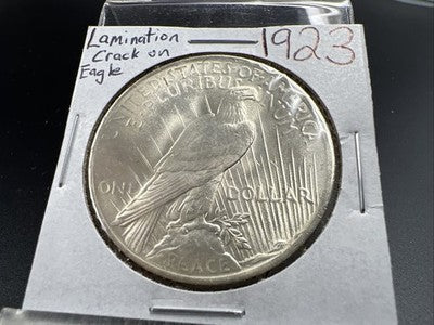 1923 P $1 Peace Silver Dollar Coin Reverse Lamination Error CH BU