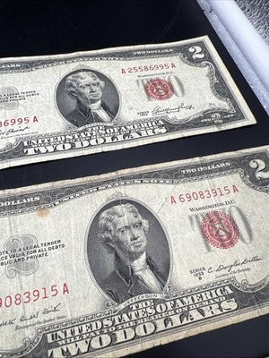 Lot of 10 1953 1963 $2 USN Red Seal Legal Tender Bills Very Circulated #353