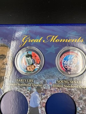 Lot of 13 Barack Obama Colorized US UNC Coins in displays w/ 9 Liberia Stamps
